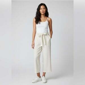 Paige Cream Linen Blend, Metallic Pinstripe Belted Women's Pants